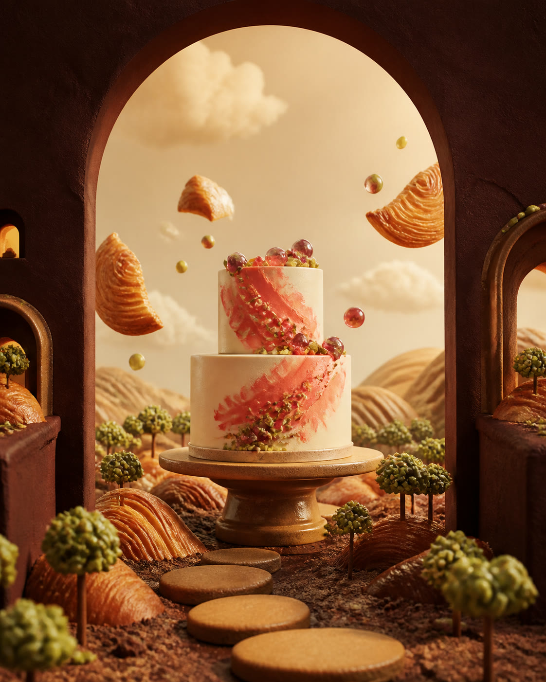 A two-tier celebration cake in a cocoa arch overlooking a miniature pastry landscape
