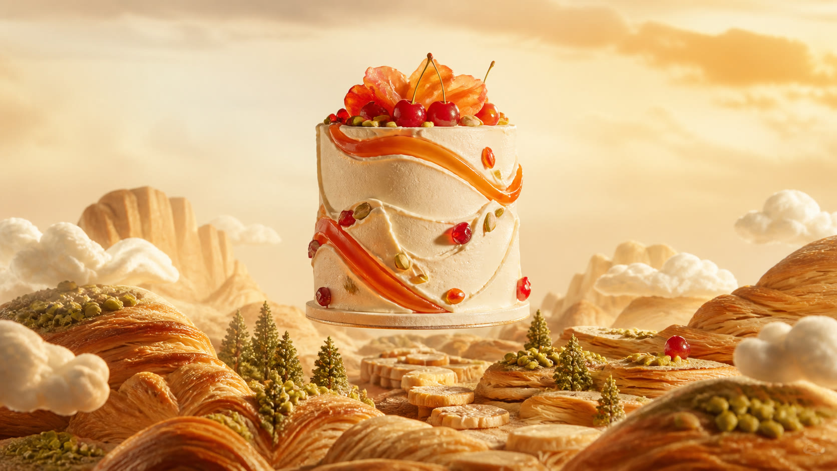 A sculptural celebration cake floating above a surreal landscape of flaky pastry and pistachio trees