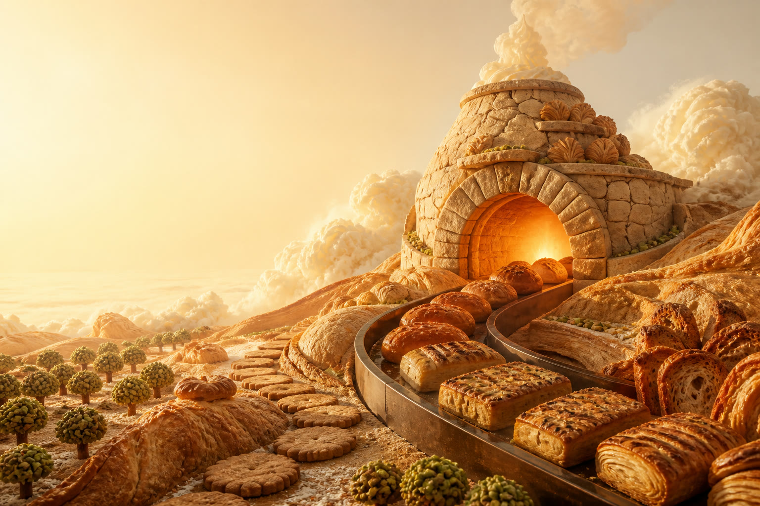 A glowing oven in a surreal landscape of breads, cookies, and pastries